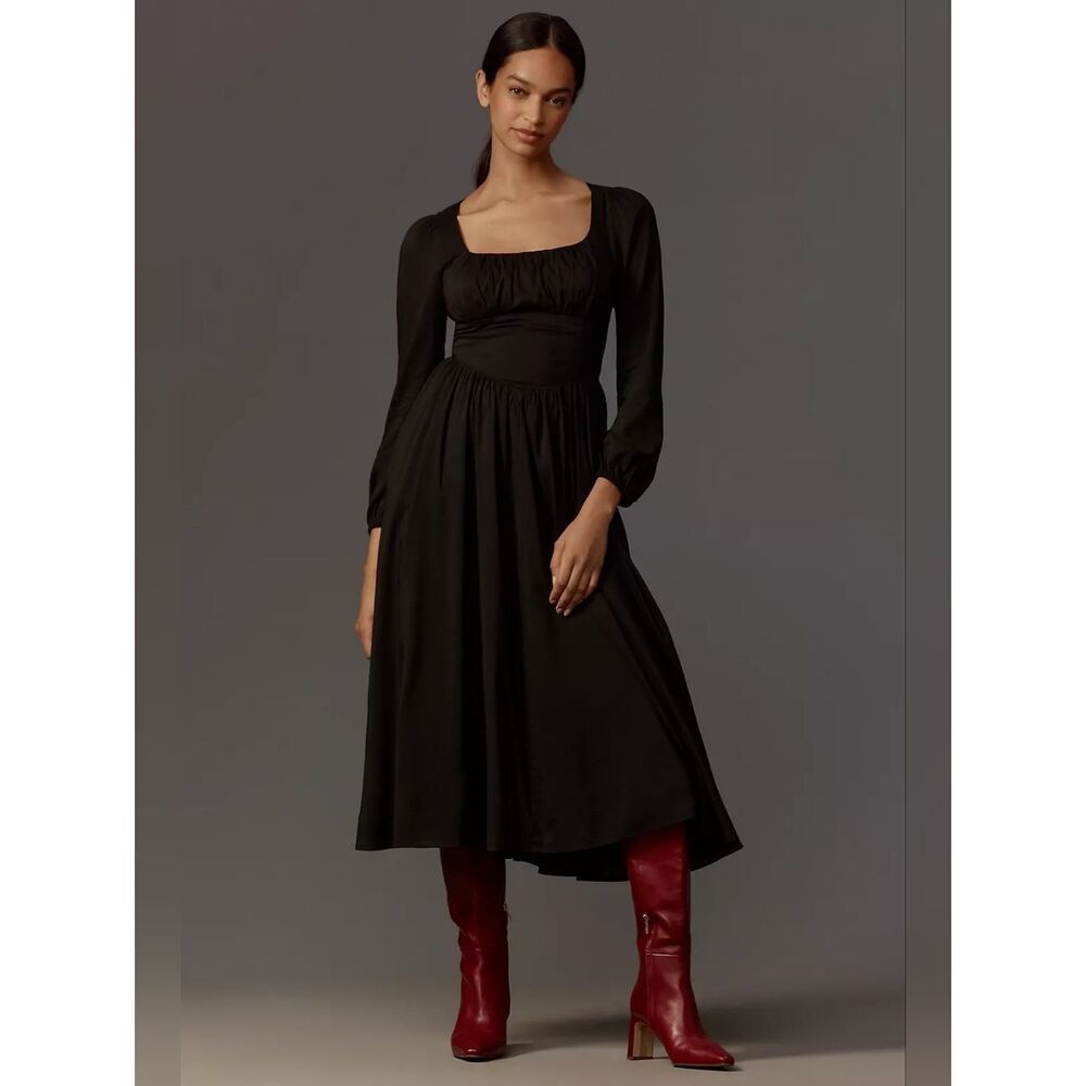 Reformation Black Oria Midi Square-Neck Long Sleeve Midi Dress Size 4